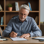 Older man sitting at desk signing papers.