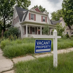 An image of a vacant suburban home with overgrown grass and a blue 'Vacant Property' sign in the front yard, illustrating the challenges of maintaining an unoccupied property.