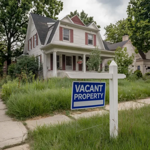 An image of a vacant suburban home with overgrown grass and a blue 'Vacant Property' sign in the front yard, illustrating the challenges of maintaining an unoccupied property.