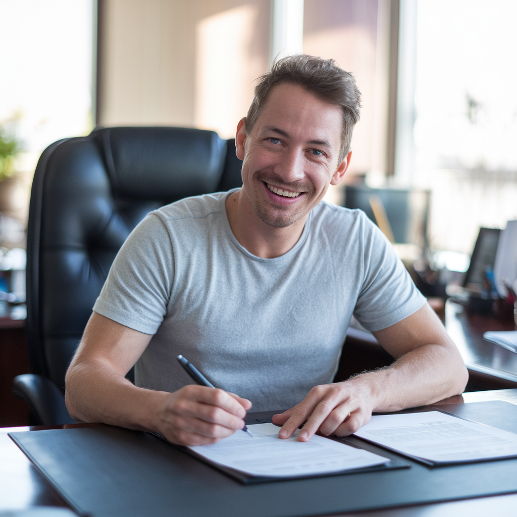 Smiling man with a mustache, wearing a gray t-shirt, sitting at a desk in an office, holding a pen while signing papers, with a large office chair and window in the background.